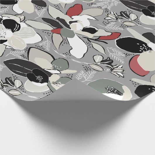 Grey Black Floral Winter Magnolia Cadeaupapier (Hoek)