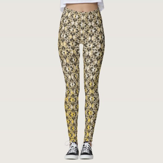 Grey, Black & Gold Patterned Flowers Leggings (Voorkant)