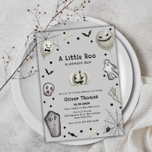 Grey Black Little Boo Ghost Halloween Baby shower Kaart