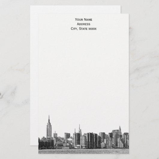 Grey Black NYC Skyline Etch 01 Stationery Briefpapier (Voorkant / Achterkant)