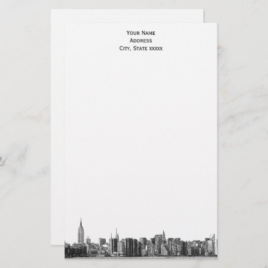 Grey Black NYC Skyline Etch 01 Stationery Briefpapier (Voorkant / Achterkant)