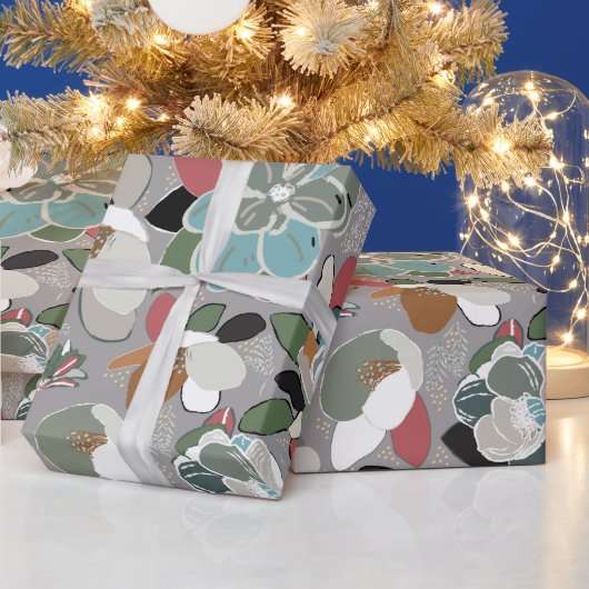 Grey Black Red Floral Winter Magnolia Cadeaupapier (Feestdagen)