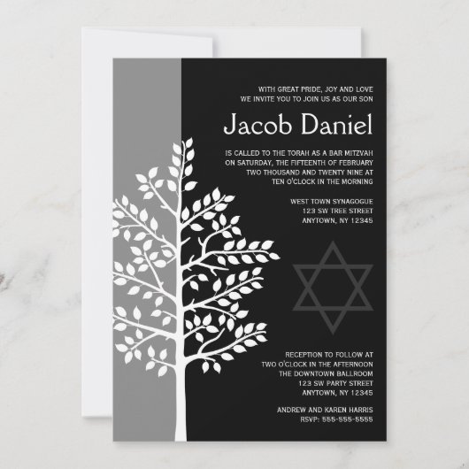 Grey Black Tree of Life Bar Mitzvah Invitations Kaart (Voorkant)