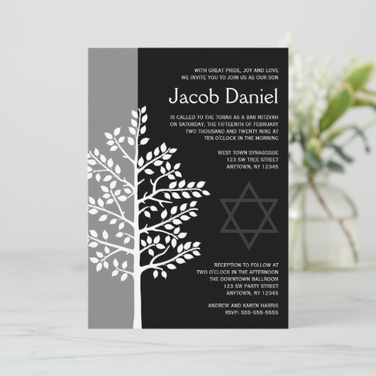 Grey Black Tree of Life Bar Mitzvah Invitations Kaart (Staand voorkant)