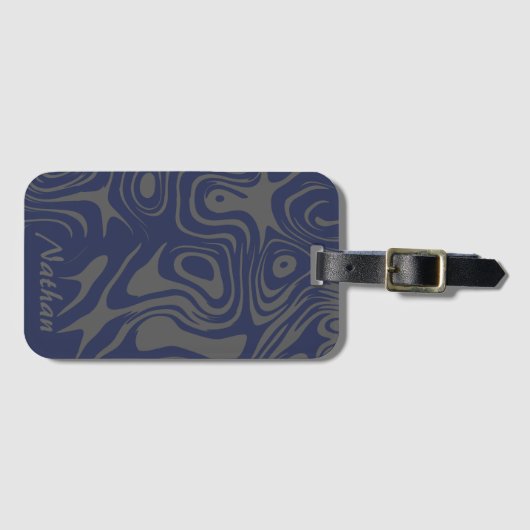 Grey Blue Abstract Liquid Pattern Personalised Bagagelabel (Voorkant (horizontaal))