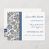 Grey Blue Damask Save the Date Wedding Briefkaart (Voorkant / Achterkant)