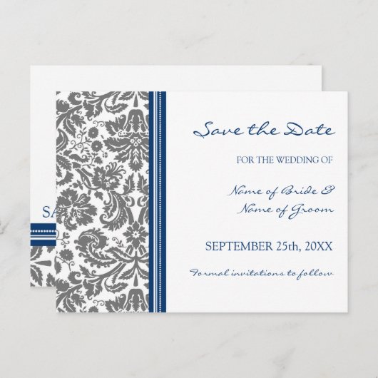 Grey Blue Damask Save the Date Wedding Briefkaart (Voorkant / Achterkant)