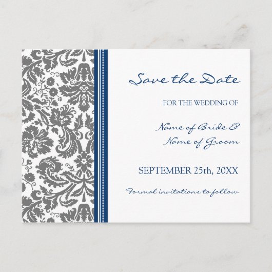 Grey Blue Damask Save the Date Wedding Briefkaart (Voorkant)