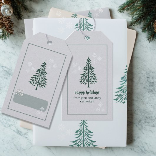 Grey-Blue Evergreen Tree Gift Labels – Set van 10 Cadeaulabel