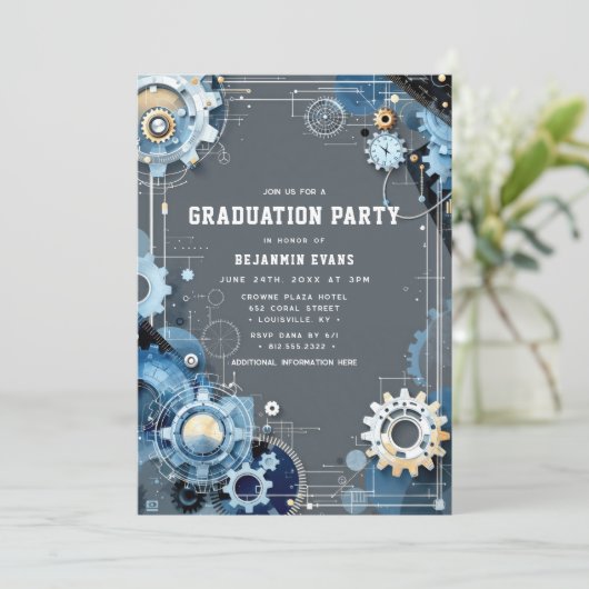 Grey Blue Gears Engineering Afstuderen Foto Kaart (Staand voorkant)
