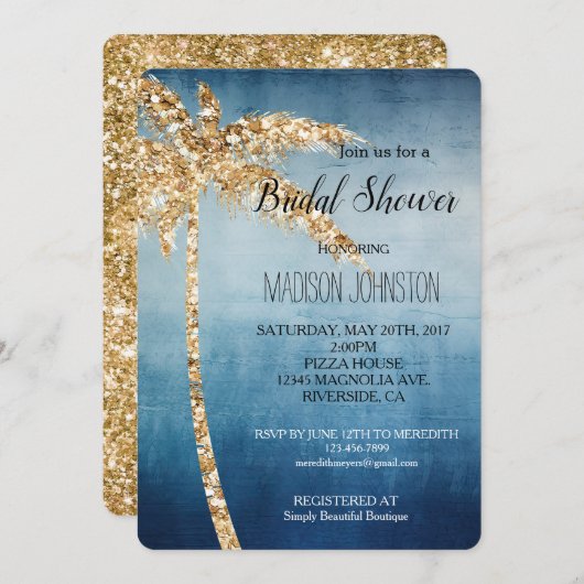 Grey Blue Gold Glitter Palm Tree Vrijgezellenfeest Kaart (Voorkant / Achterkant)