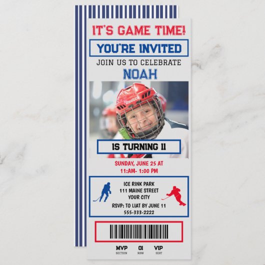 Grey&blue Hockey Ticket Verjaardag Feest Uitnodigi Kaart (Voorkant / Achterkant)