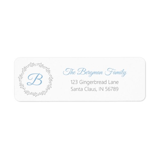 Grey Blue Monogram Holiday Wreath Etiket (Voorkant)