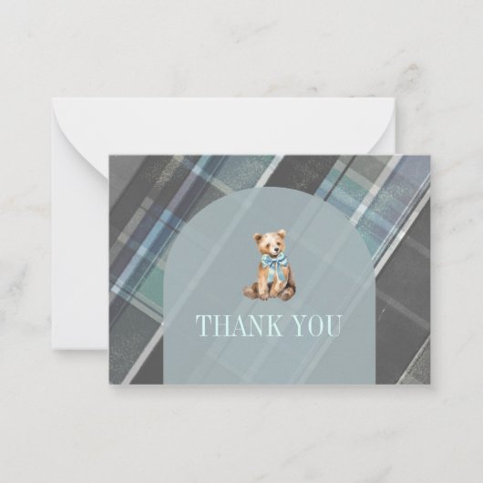 Grey & Blue Plaid Teddy Bear Baby shower Bedankt Notitiekaartje (Voorkant)