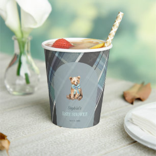 Grey & Blue Plaid Teddy Bear Baby shower Papieren Bekers
