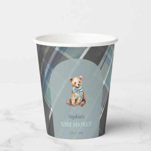 Grey & Blue Plaid Teddy Bear Baby shower Papieren Bekers (Achterkant)