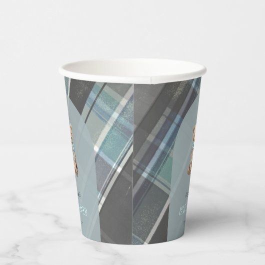 Grey & Blue Plaid Teddy Bear Baby shower Papieren Bekers (Rechts)