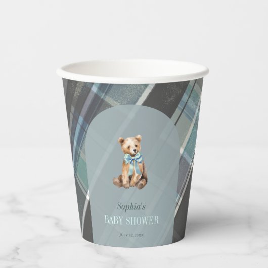 Grey & Blue Plaid Teddy Bear Baby shower Papieren Bekers (Voorkant)