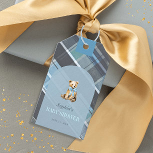 Grey & Blue Plaid Teddy Bear Bow Baby shower Cadeaulabel