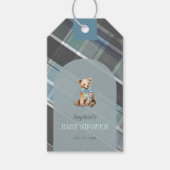Grey & Blue Plaid Teddy Bear Bow Baby shower Cadeaulabel (Voorkant)