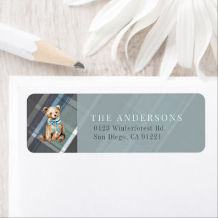 Grey & Blue Plaid Teddy Bear Bow Retouradres Etiket