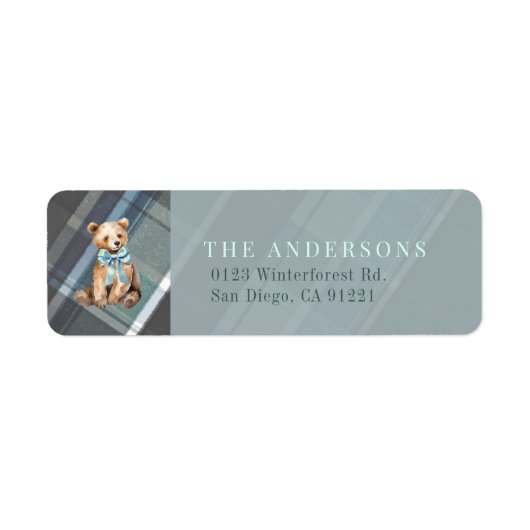 Grey & Blue Plaid Teddy Bear Bow Retouradres Etiket (Voorkant)