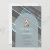 Grey & Blue Plaid Teddy Bear Boy Baby shower Kaart (Voorkant)