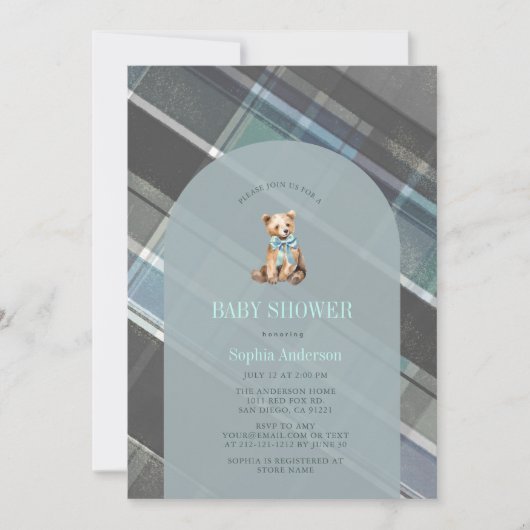 Grey & Blue Plaid Teddy Bear Boy Baby shower Kaart (Voorkant)