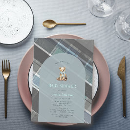 Grey & Blue Plaid Teddy Bear Boy Baby shower Kaart