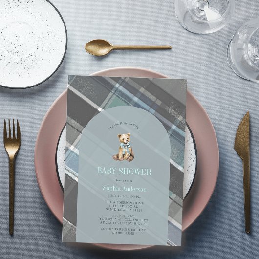 Grey & Blue Plaid Teddy Bear Boy Baby shower Kaart