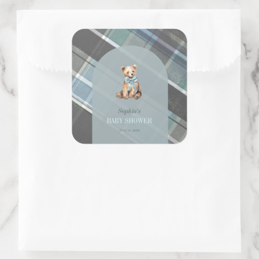 Grey & Blue Plaid Teddy Bear Boy Baby shower Vierkante Sticker (Tas)