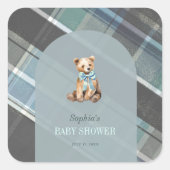 Grey & Blue Plaid Teddy Bear Boy Baby shower Vierkante Sticker (Voorkant)