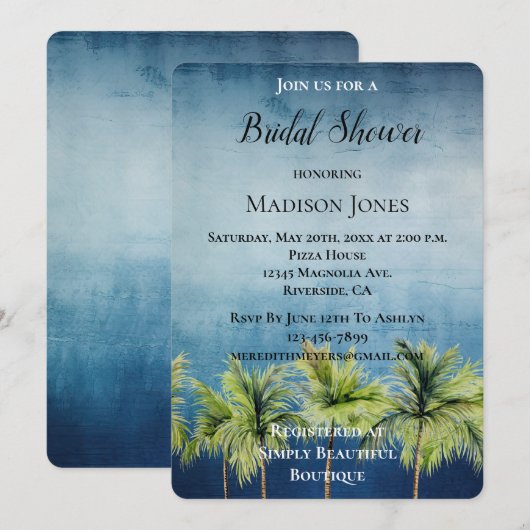 Grey Blue Tropical Palm Trees Vrijgezellenfeest Kaart (Voorkant / Achterkant)