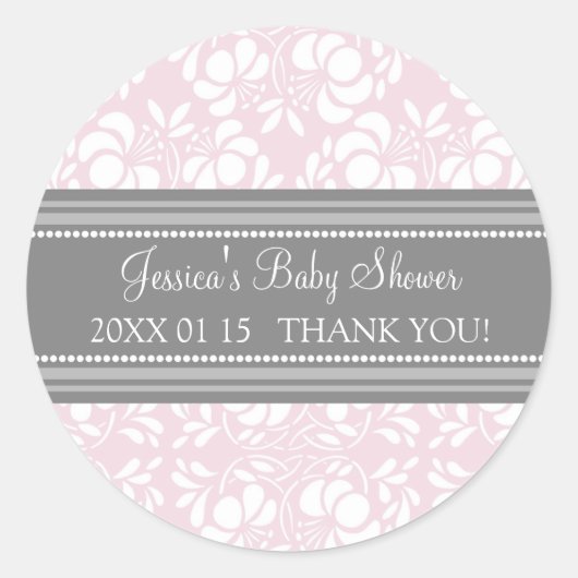 Grey Blush Damask Baby shower Favor Stickers (Voorkant)
