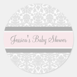 Grey Blush Damask Baby shower Favor Stickers