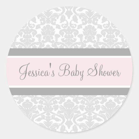 Grey Blush Damask Baby shower Favor Stickers (Voorkant)