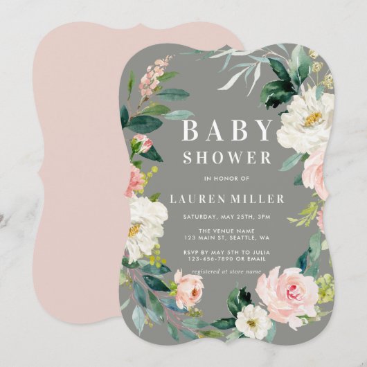 Grey Blush Floral Wreath Baby shower Invitation Kaart (Voorkant / Achterkant)