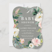 Grey Blush Floral Wreath Baby shower Invitation Kaart (Voorkant)