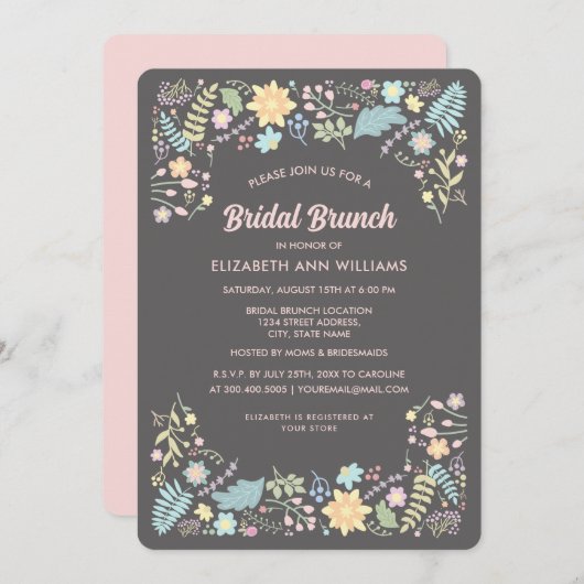 Grey Blush Pink Modern Floral Bridal Brunch Kaart (Voorkant / Achterkant)
