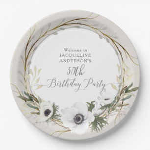 Grey BOHO White Floral Twig Wreatday Party Papieren Bordje