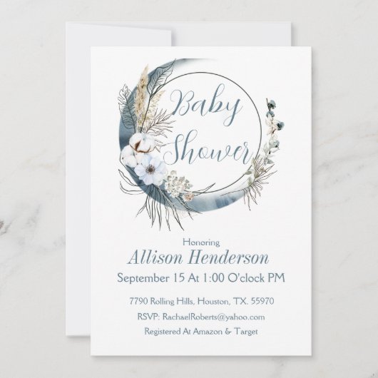 Grey Boho Wreath Baby shower Invitation Kaart (Voorkant)