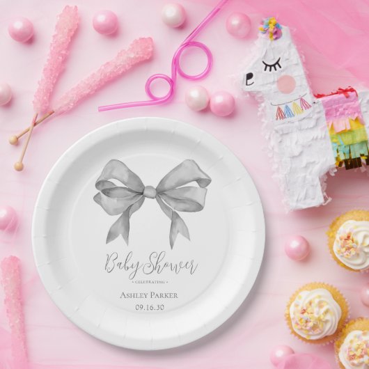Grey Bow Boy Baby shower Papieren Bordje (Feest)