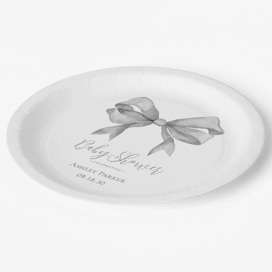 Grey Bow Boy Baby shower Papieren Bordje (Gekanteld)