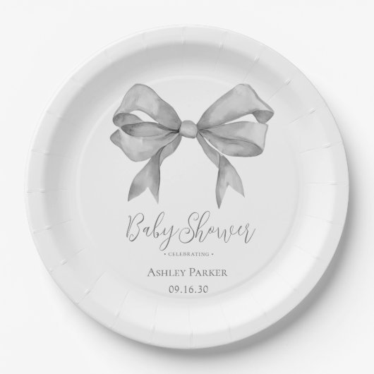 Grey Bow Boy Baby shower Papieren Bordje (Voorkant)