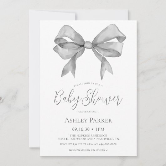 Grey Bow Boy Baby shower Uitnodiging (Voorkant)
