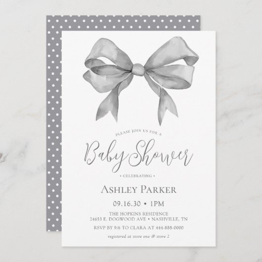 Grey Bow Boy Baby shower Uitnodiging (Voorkant / Achterkant)