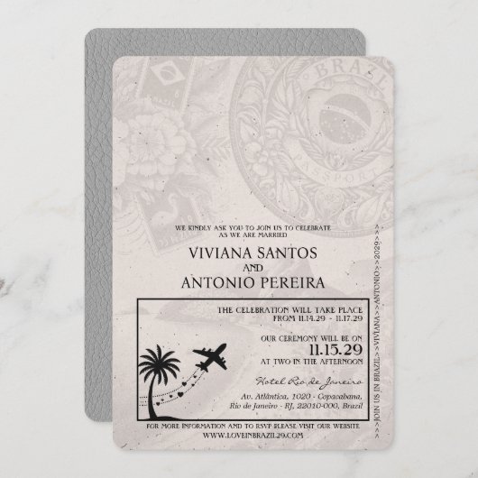 Grey Brazil Passport Uitnodiging voor een bruiloft (Voorkant / Achterkant)