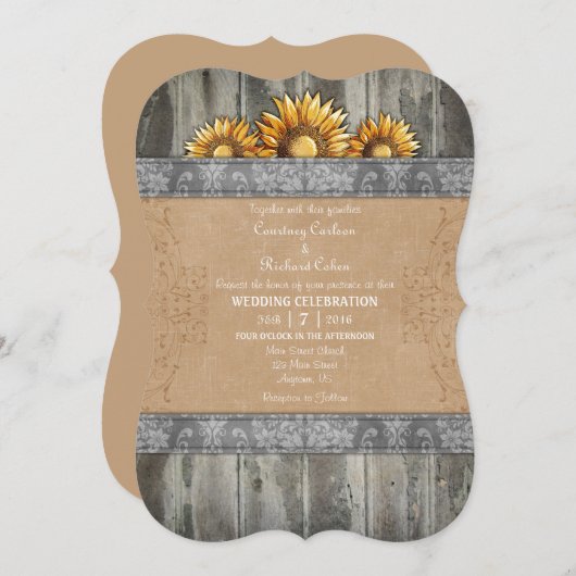 Grey Brown Rustic Sunflower Wedding Invite Kaart (Voorkant / Achterkant)