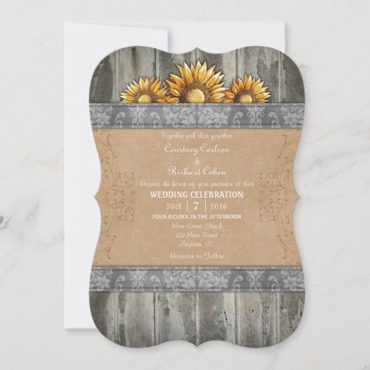 Grey Brown Rustic Sunflower Wedding Invite Kaart (Voorkant)