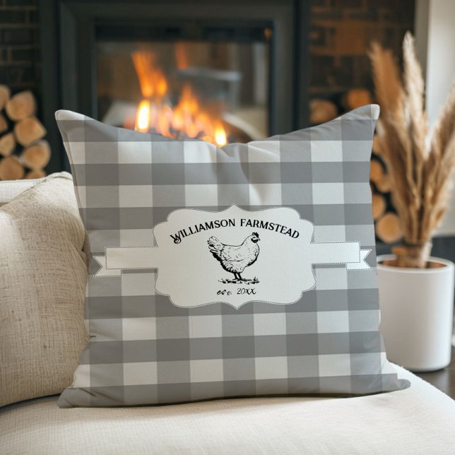 Grey Buffalo Plaid Boerderij Kip Sierkussen (Gray Buffalo Plaid Farm Chicken Throw Pillow)